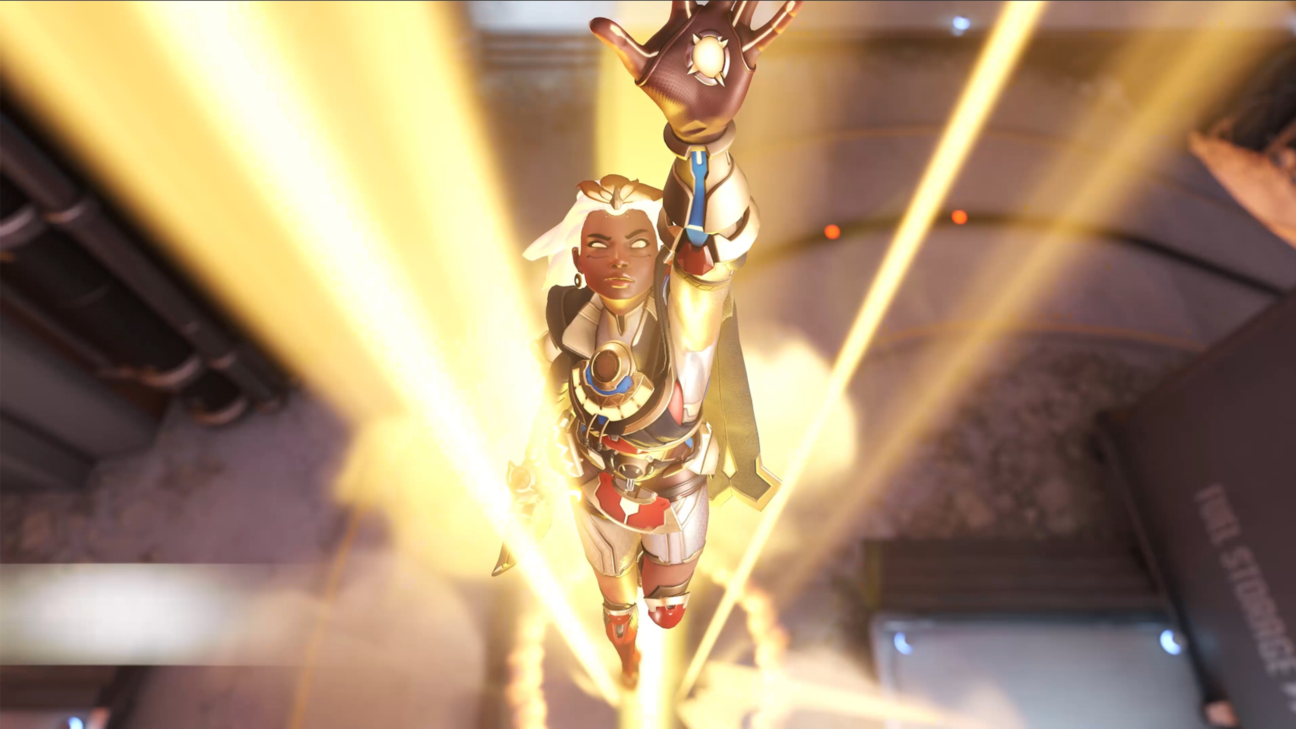 A young woman shining with the power of the sun is ascending in a dazzling ray of light